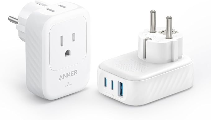 Anker (Pack of 2) USA to Europe International Plug Adapter, Travel Adapter, 15W Max with 2 AC, 2 USB-C & 1 USB-A Port, Ideal for iPhone 15, iPad Air & More, Compact for Travel, Cruise (TUV Listed)