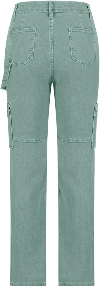 High Waisted Cargo Pants for Women Casual Baggy Cargo Jeans Straight Wide Leg Trousers Stretchy Pants with Pockets
