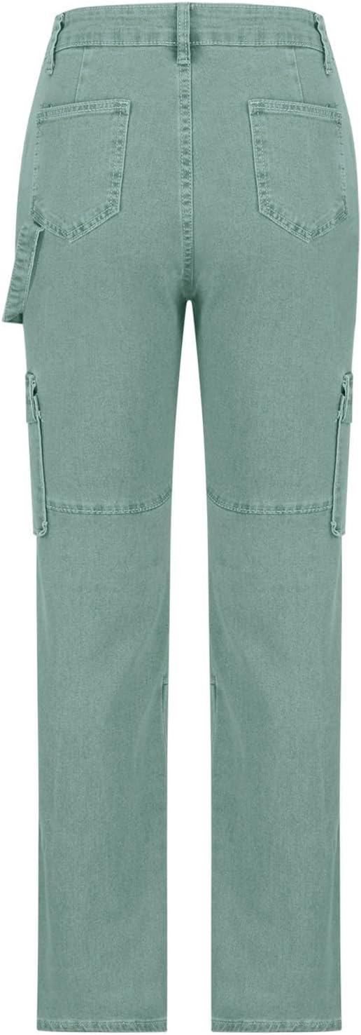 High Waisted Cargo Pants for Women Casual Baggy Cargo Jeans Straight Wide Leg Trousers Stretchy Pants with Pockets
