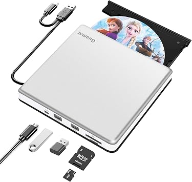 Guamar External CD Drive for Mac Portable DVD Burner Player for Laptop PC Windows 11 with SD/TF Slot 2 USB Ports - USB-C Superdrive for Apple MacBook Plug & Play Silver
