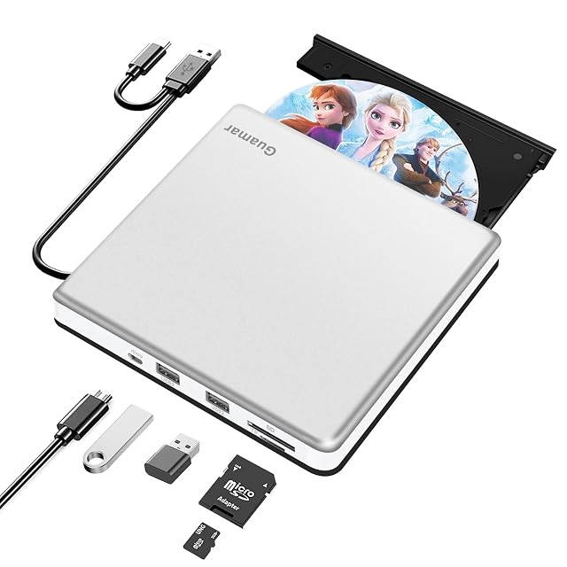 Guamar External CD Drive for Mac Portable DVD Burner Player for Laptop PC Windows 11 with SD TF
