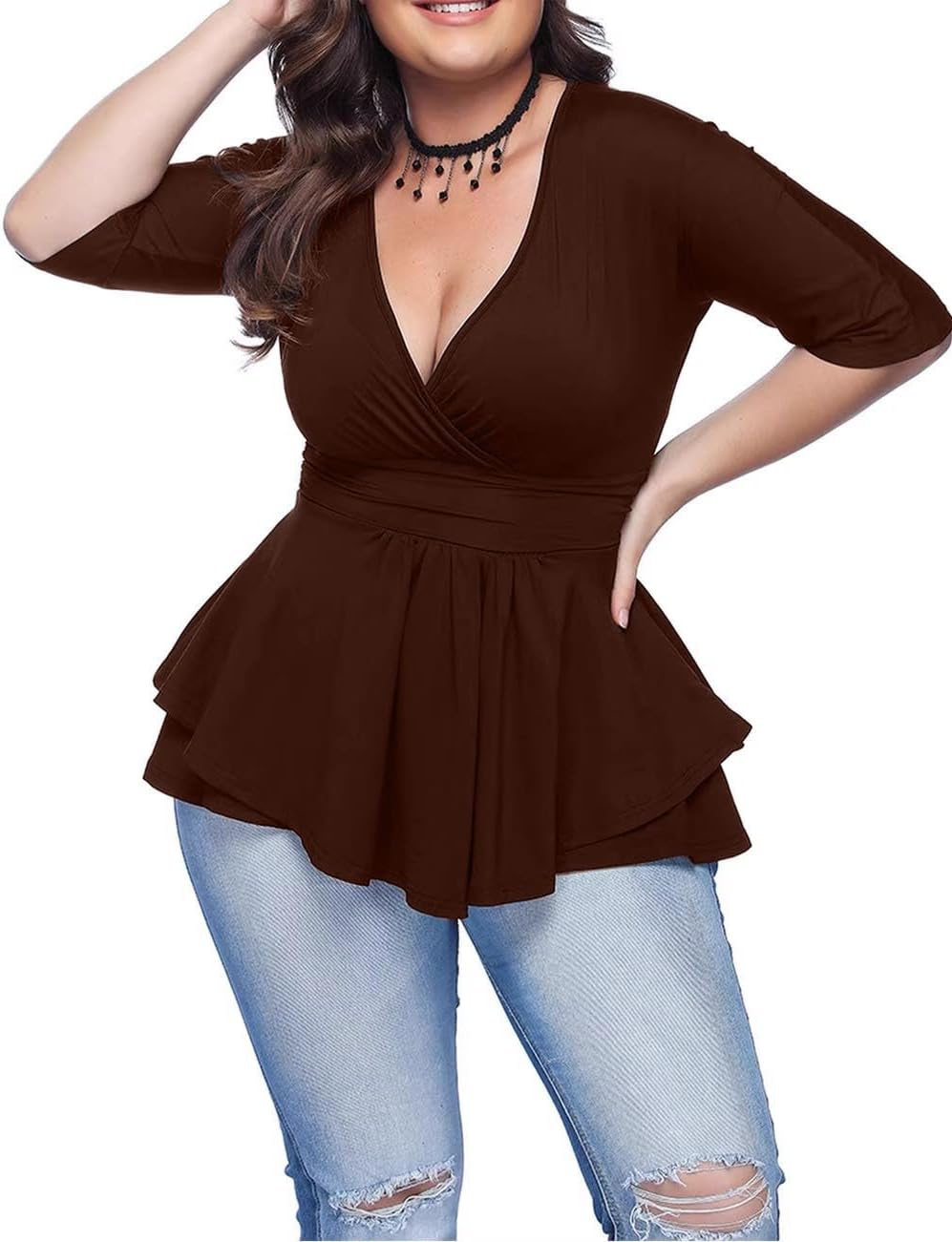 Women's Plus Size Blouse Sexy Deep V Neck Pleated Long Sleeve Ruched Promenade Tops