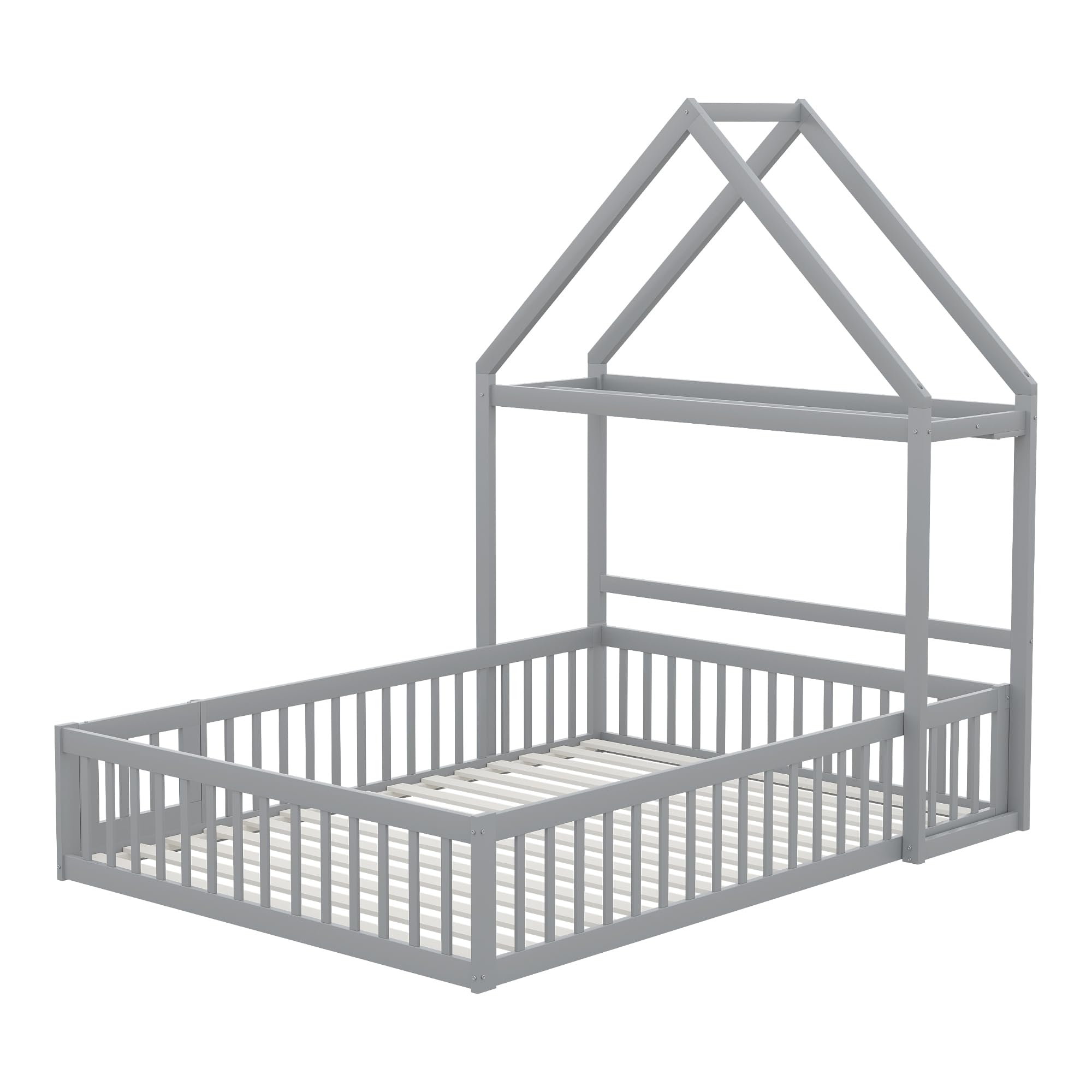 Merax Lit Enfant 140x200 cm Cabane au Sol avec Protection Antichute Sommier à Lattes Gris