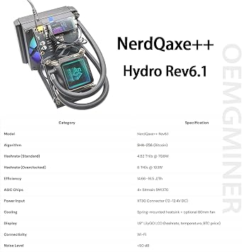 New Bitaxe Miner NerdQaxe++ Hydro Rev 6.1 6T 100W BTC Miner 2.4G WiFi 16.5 J/TH Crypto Machine, Quiet Open-Source Mining Machine, High Efficiency for BTC Mining