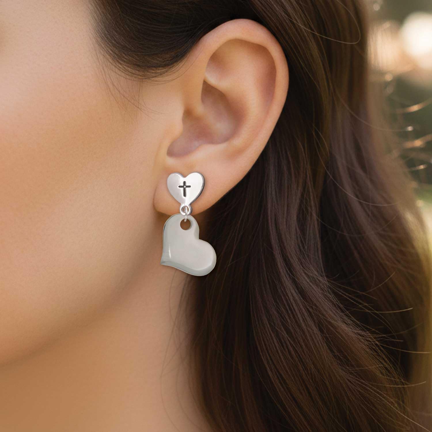 Delight Jewelry Stainless Steel Heart Silvertone Cross in Heart Post Dangle Earrings