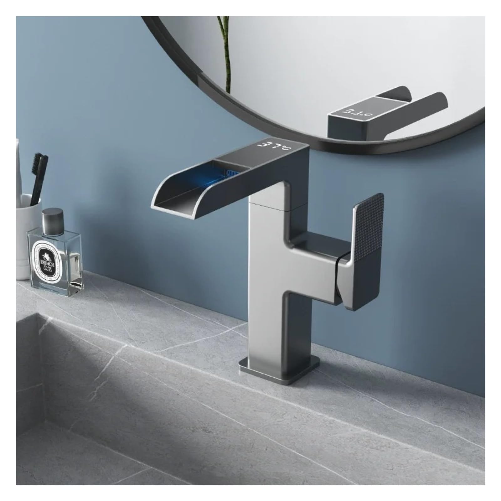 Grifo de baño, Grifo de baño en cascada, grifo monomando para lavabo SUS 304 gris con pantalla LED, frío y caliente(Grey)