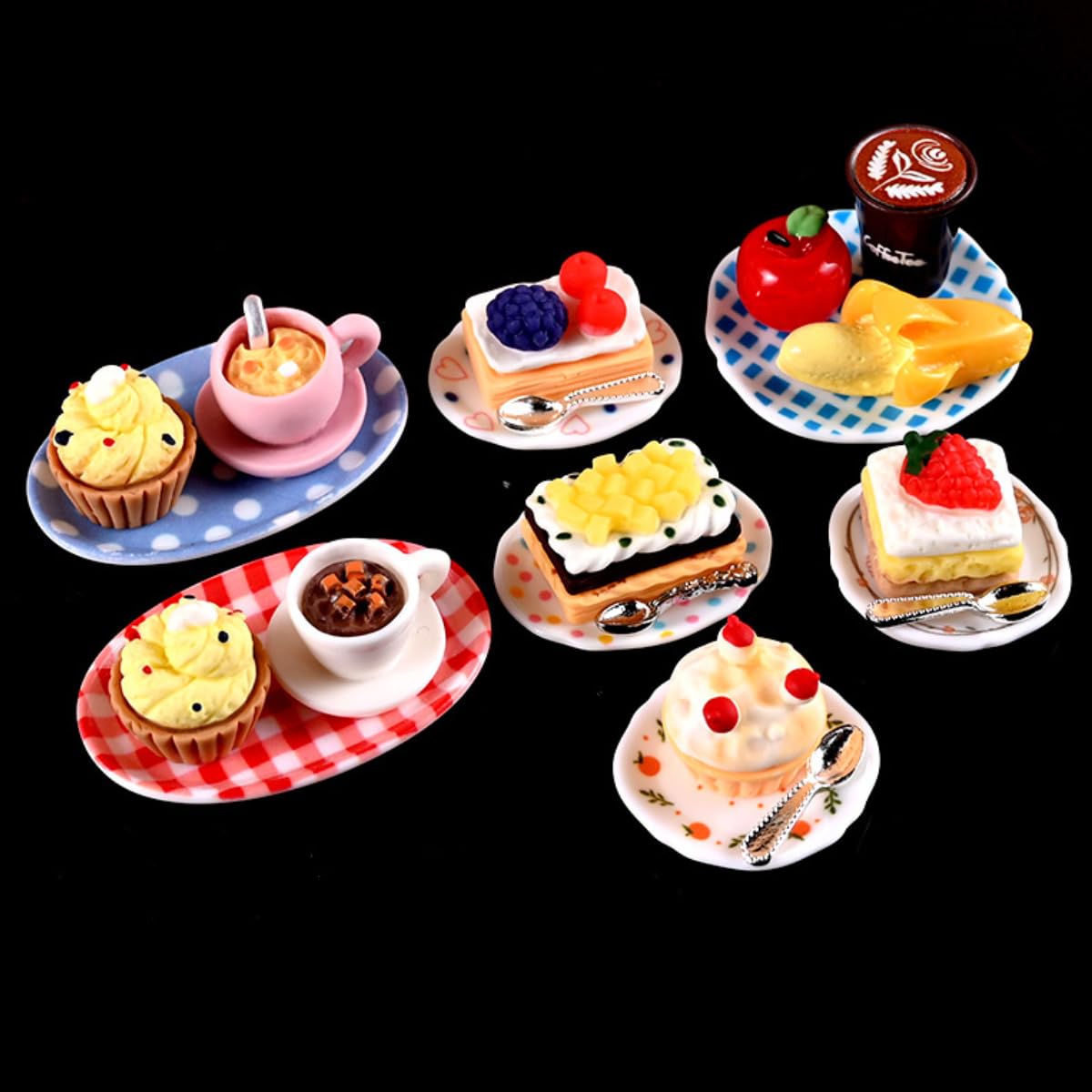 22 Pieces Mini Cake Coffee Fruit Set with Plate Spoon, Miniature Dessert Cupcakes Cake Apple Banana Latte Mini Food Drinks Micor Scene Decoration (Dessert Set)