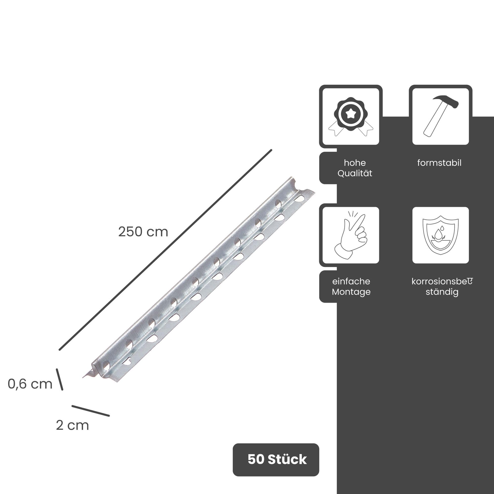 PROTEKTOR Schnellputzschiene, Putzschiene Innen, 6mm Putzstärke 250cm, 50 Stück Silber 1106 Schnellputzleisten, Schnellputzprofil 6mm, Wand verputzen
