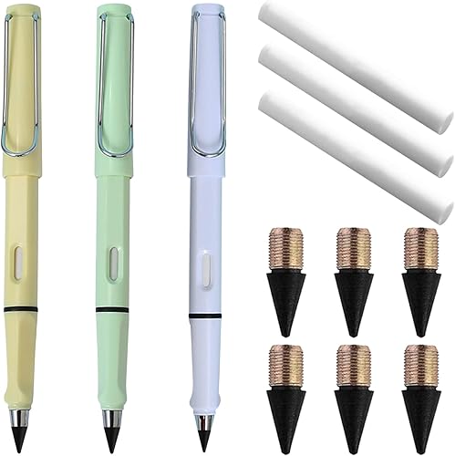 FLTON Juego de 9 lápices portátiles borrables sin tinta (3 lápices eternos con borrador + 6 puntas reemplazables) para escribir y bocetos artísticos