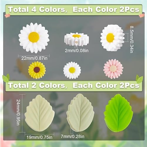 Miniatura 2 de SUNNYCLUE 1 caja de 12 cuentas focales de silicona de flores a granel de 0.787 pulgadas (0.787 in), margaritas rosas de doble cara, hojas verdes,
