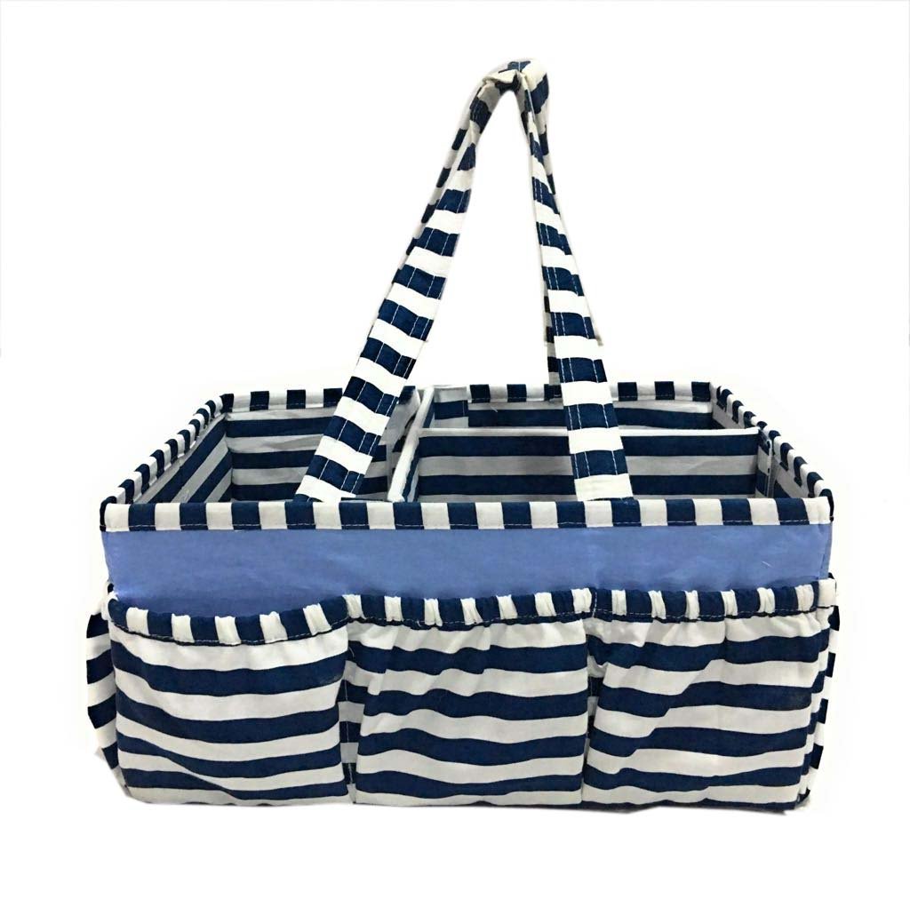 Bacati Pin Stripes Nursery Fabric Storage Caddy with Handles, Navy
