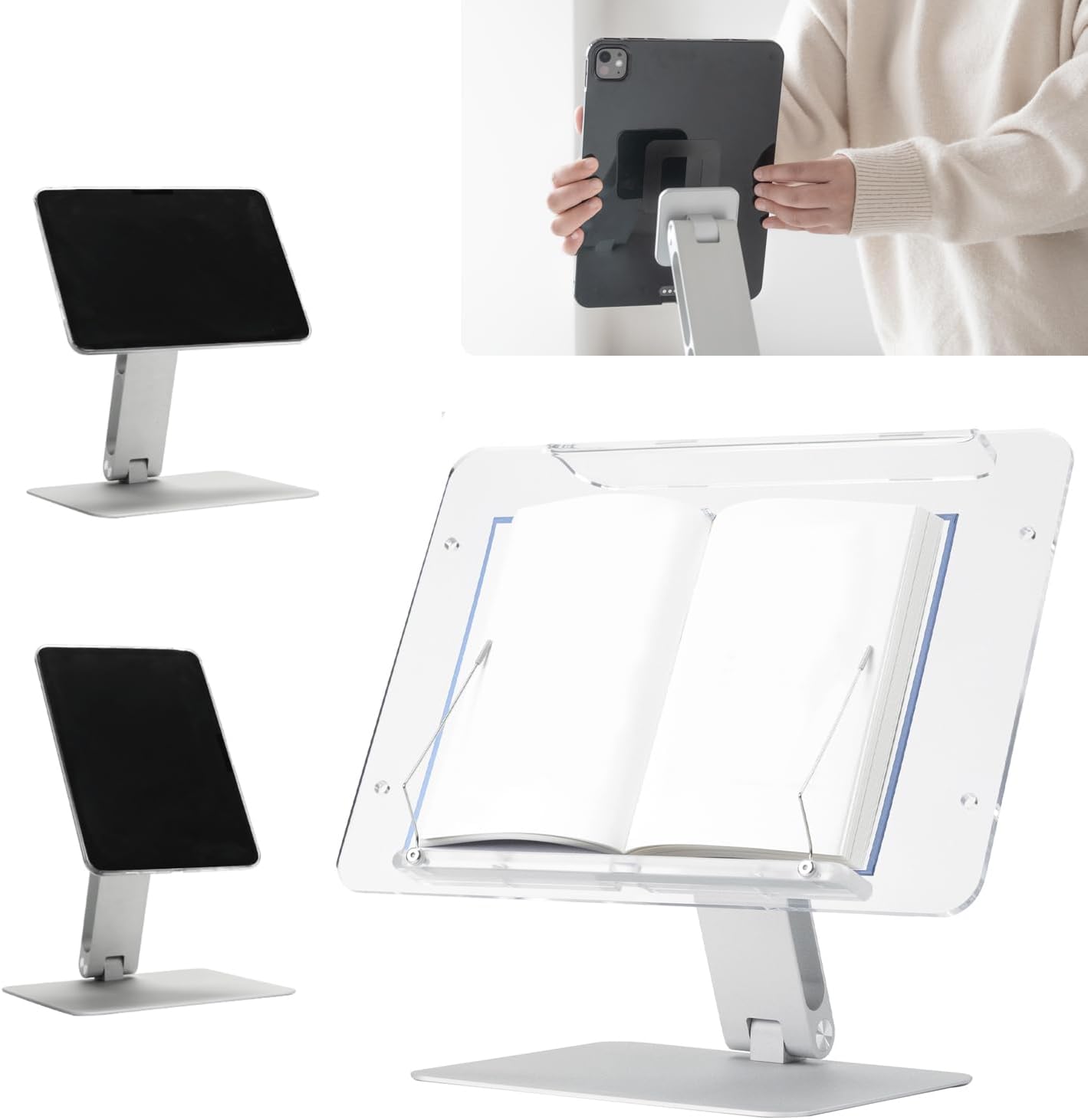 MITER 2-in-1 Magnetic Book & Tablet Stand – Detachable Acrylic Holder for Paper Books, Magnetic Mount for iPhone, iPad, Galaxy, Kindle, Boox, e-Reader Adjustable Innovative-Stand