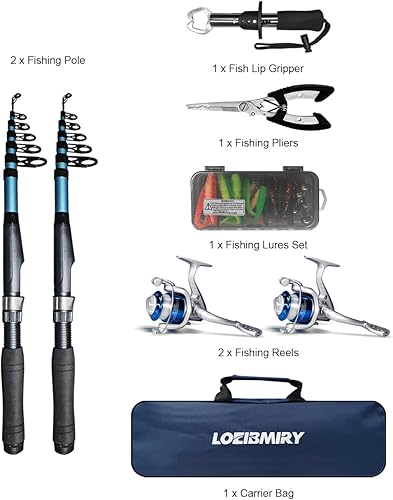 Miniatura 7 de Kit de carrete de caña de pescar telescópica, 2 piezas de 6.89 pies, carrete giratorio de caña plegable con señuelos de pesca, pinzas de pesca,