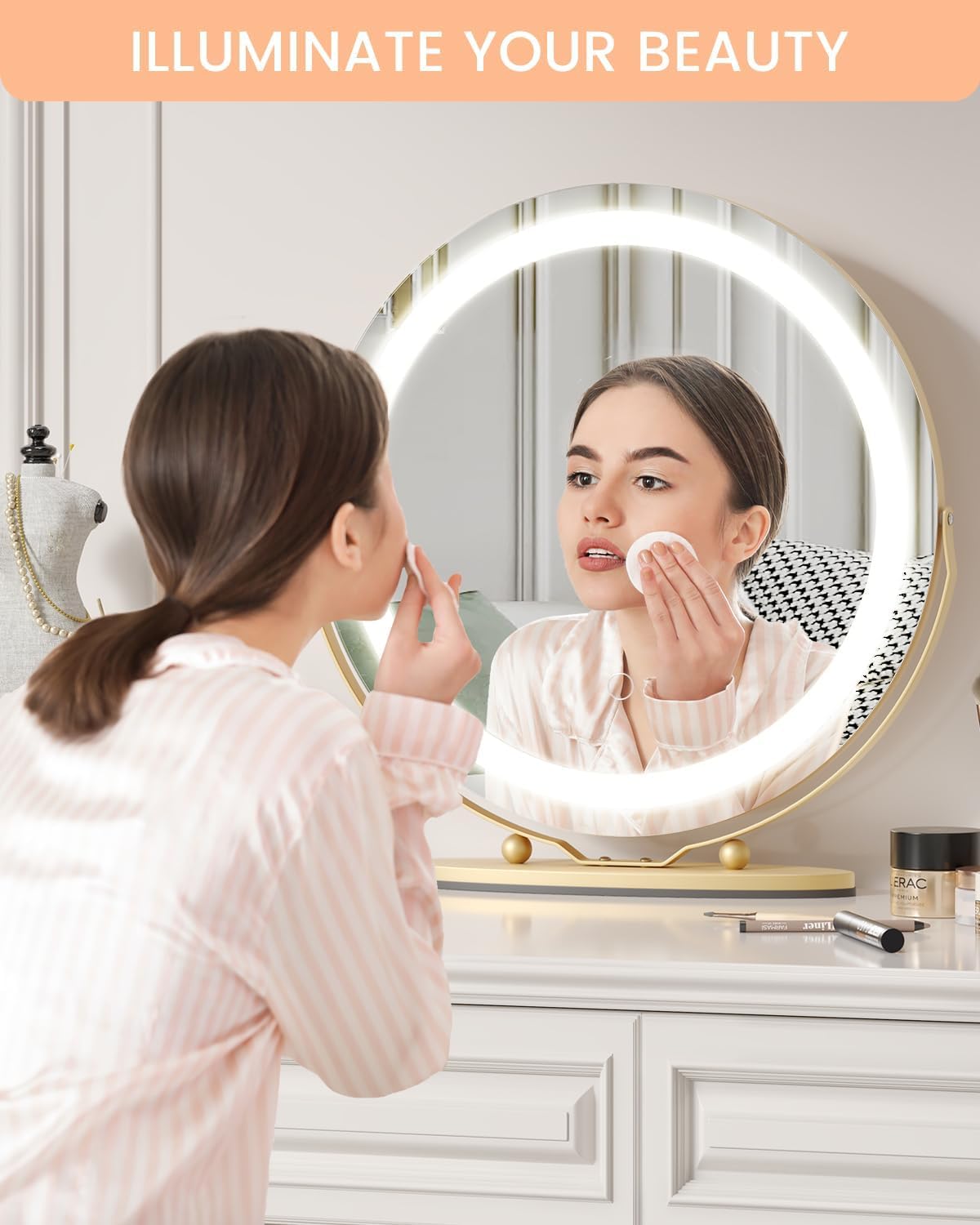 IDEALHOUSE 19 inch Makeup Mirror with Lights, Vanity Mirror with Smart Touch Control 3 Colors Dimmable Lights, 360°Rotation Gold Vanity Mirror for Bedroom, Tabletop and Desk Mirror