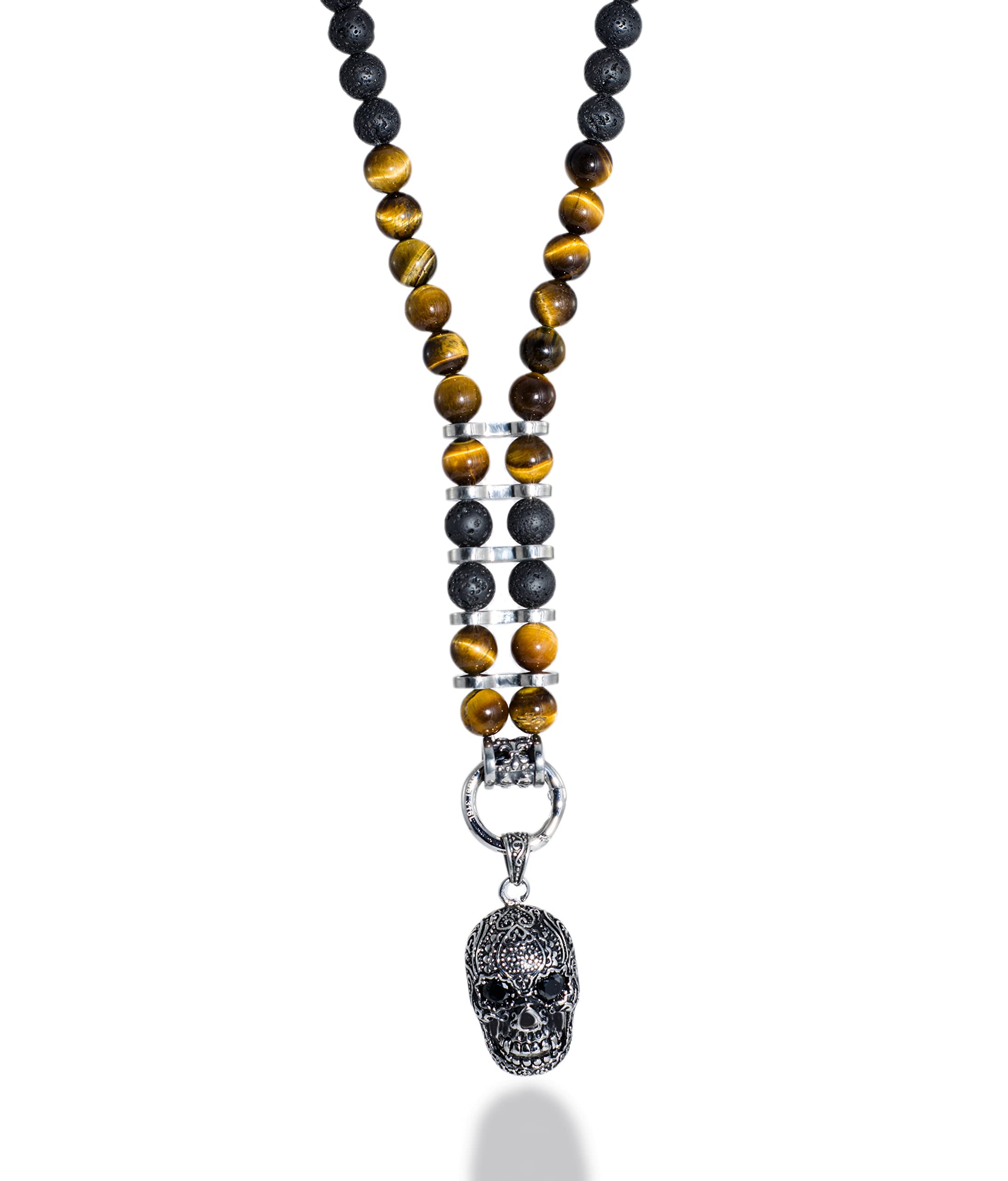 Kette für Herren Männer Halbedelstein Totenkopf Halskette Rosenkranz Onyx Schmuck schwarz Perlenkette Bikerschmuck Skull Edelstahl Gebetskette Geschenk Gothik Matt Lava Handmade