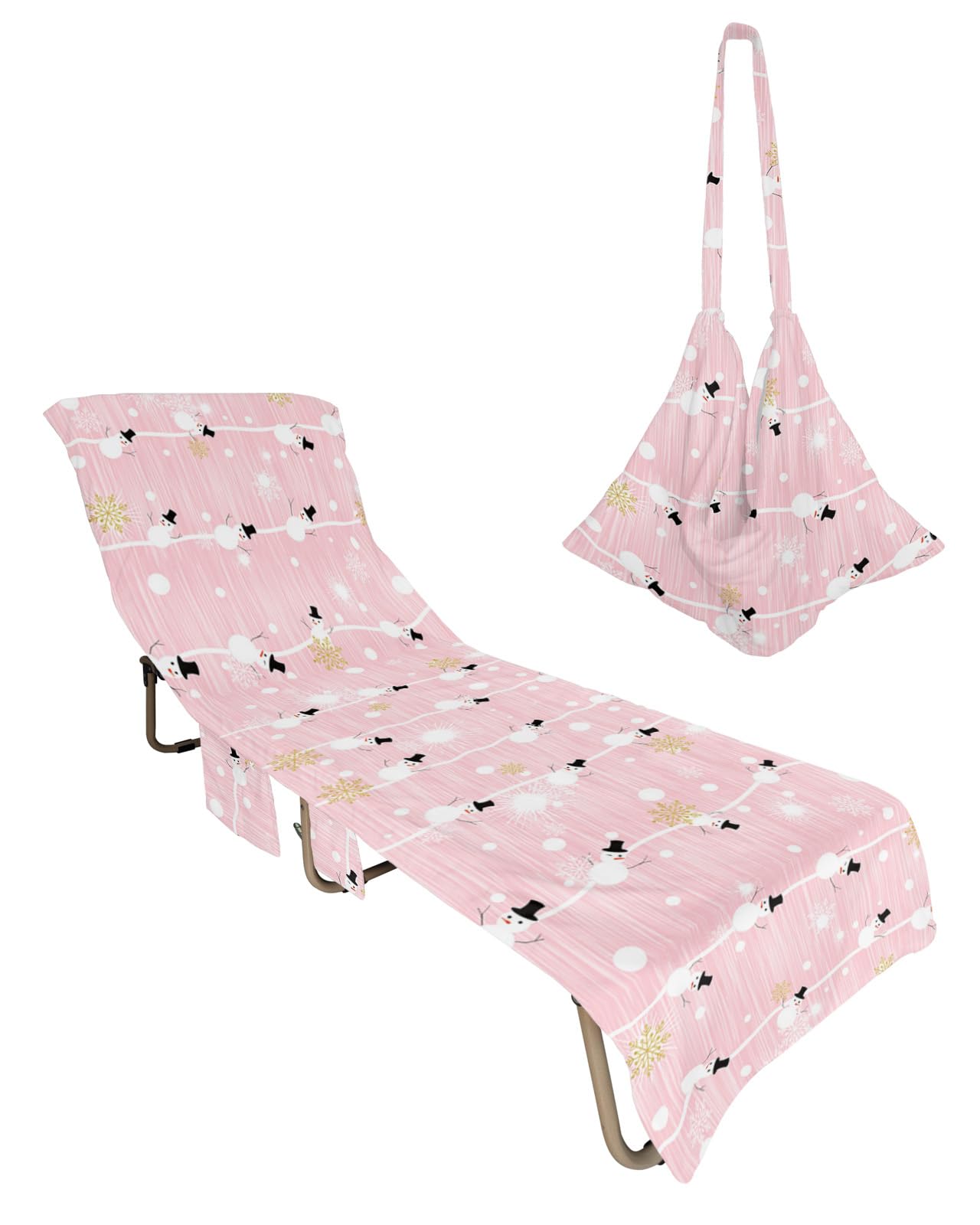 Pink Snowman Beach Chair Towel Covers for Chaise Lounge with Side Pocket, Soft Plush Pool Towels Cover for Patio Sunbathing Outdoor 29''x85'' Christmas Snowflake Gold White