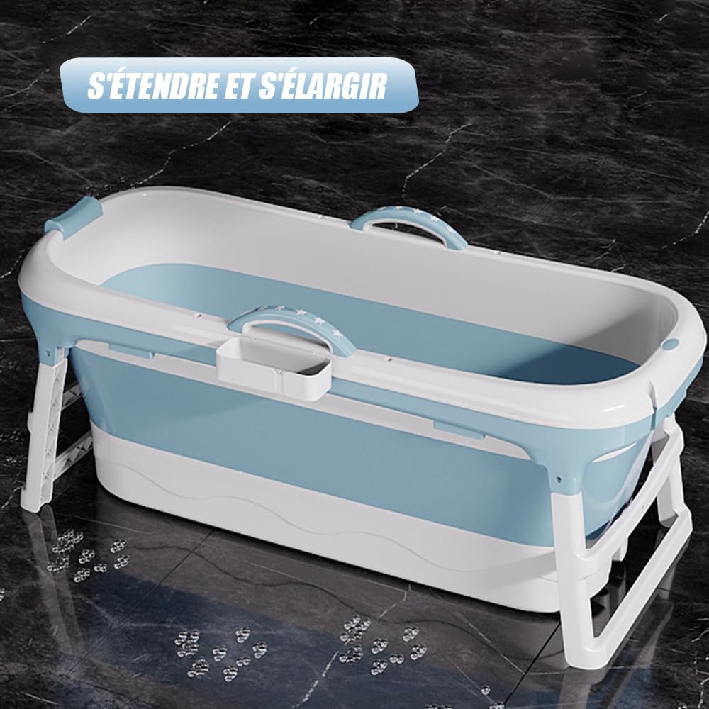 Baignoire pliable pour adultes, bain polaire en plein air, 118 * 60 * 53cm, portable, pliable, avec couvercle et rouleaux de massage, panier à savon, pour salle de bain et douche (Bleu)