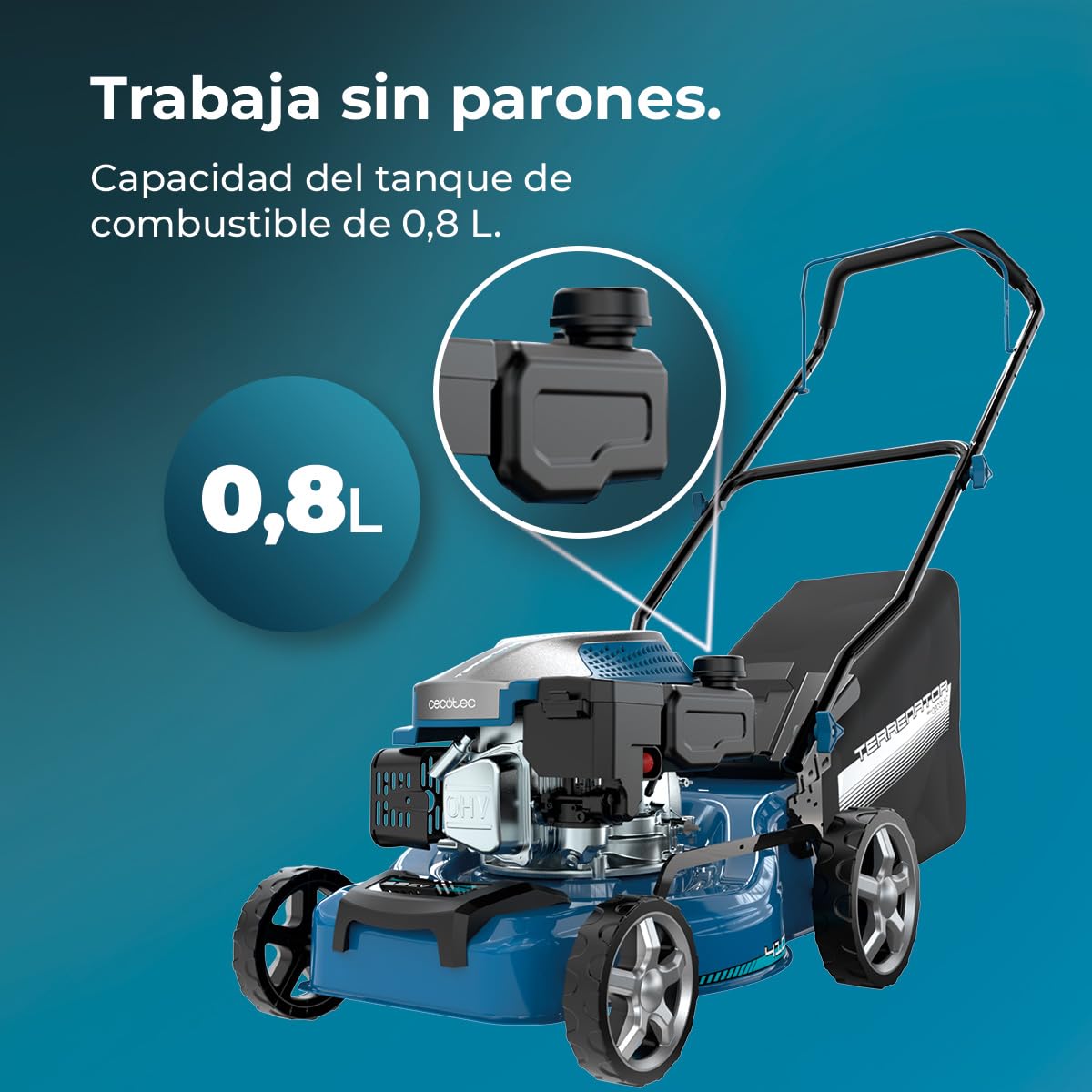 Cecotec Cortacésped de Gasolina Motor 144cc Terrenator 2700.41 Plus Total Z | Ancho de Corte 41cm, Cuerpo de Acero, Cambio de Altura Sistema Z-Tech, 3in1 con Mulching, Ruedas Traseras XL