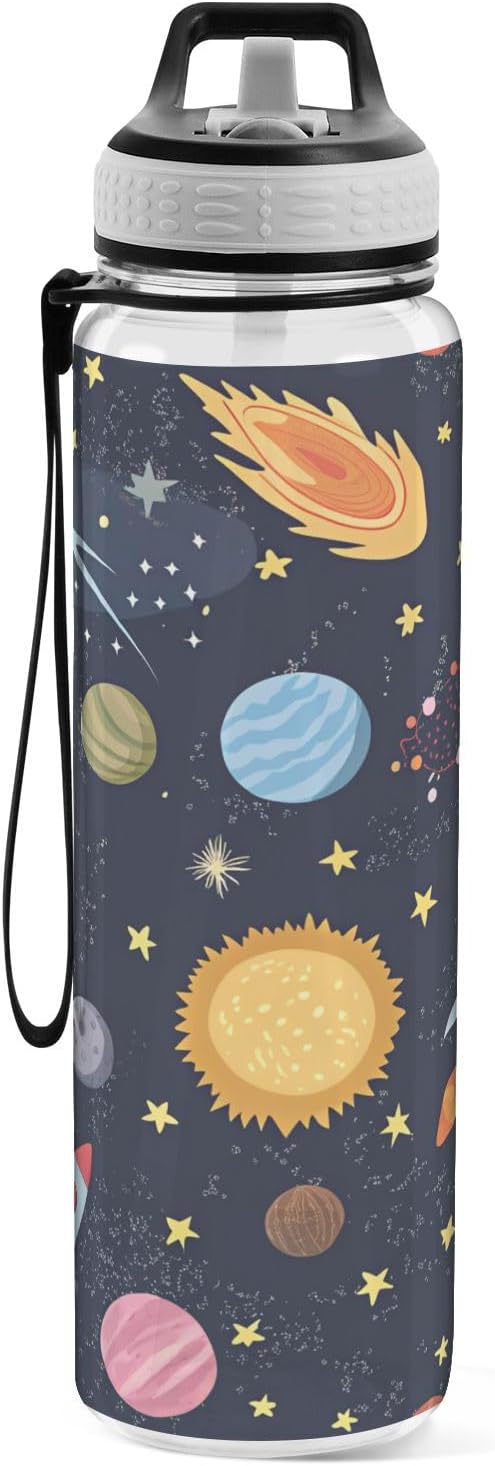 Carton Space Spaceships Water Bottle 32oz with Straw Lid, BPA-Free & Leakproof Tritan Clear Water Bottles for School Sports Gym Drinking