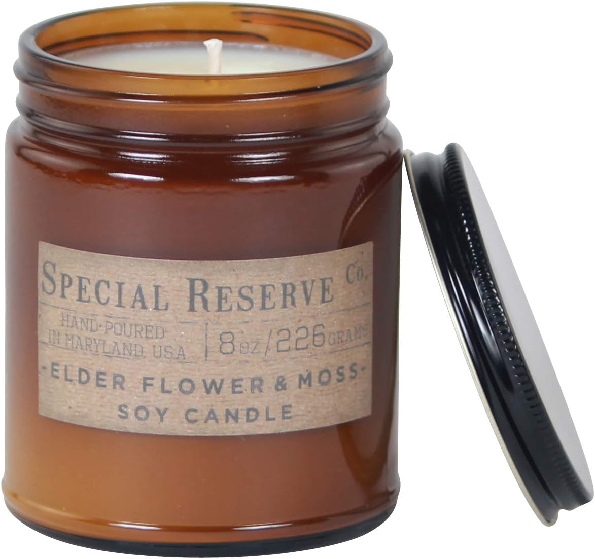Special Reserve Candles Elderflower & Moss Scented Soy Wax Candle - Rustic Amber Jar with Lid - 8 oz.