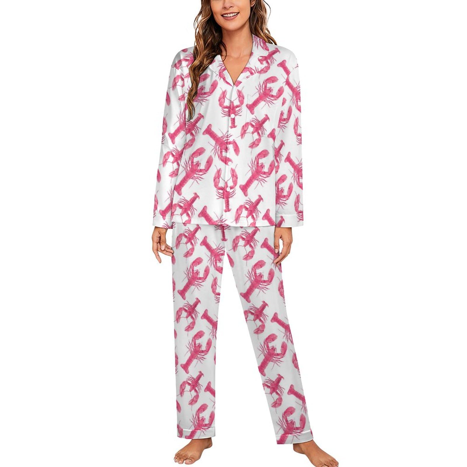 Women's Black Pink Lobster Pyjamas Set Long Sleeve Pjs Sets Pajama Sets Sleepwear Loungewear S