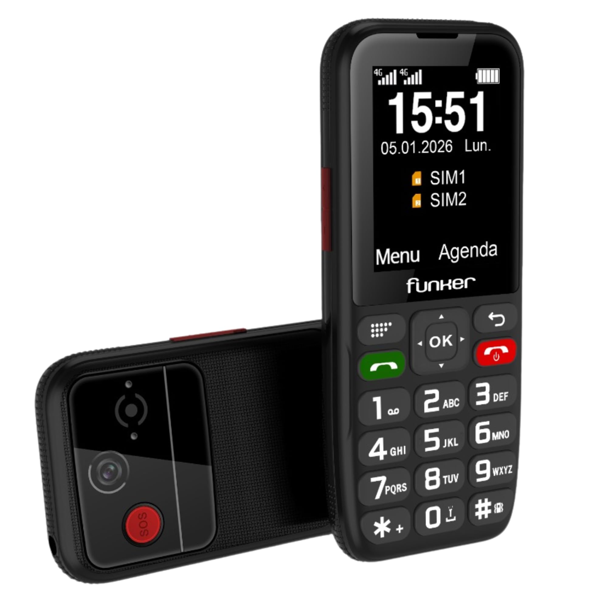 Funker C180 - Telefono cellulare 4G per anziani e uso domestico, tasti grandi, schermo 2,4", base di ricarica, batteria 1800 mAh, tasti Easy, audio alto Voice HD, nero