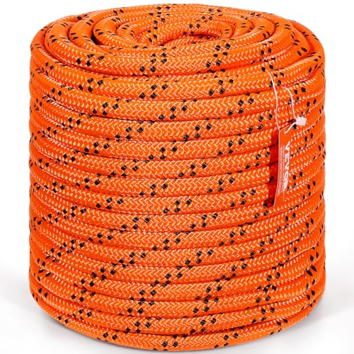 VEVOR Double Braided Polyester Rope, 3/4 in x 220 ft, 24 Strands, 20000 LBS Breaking Strength Outdoor, Arborist Rigging for Rock Hiking Camping Swing Rappelling Rescue, Orange/Black