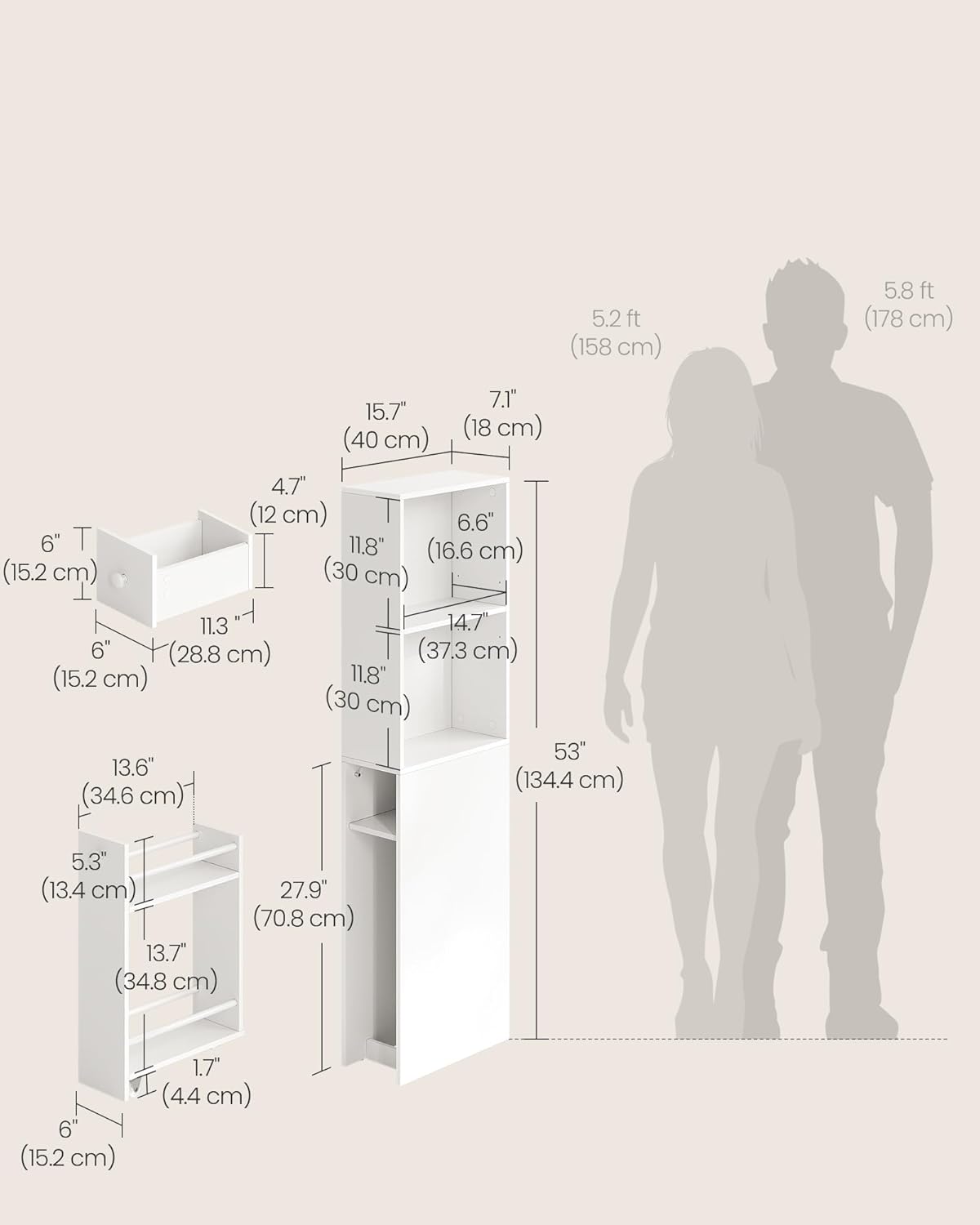 Diagram showing the dimensions of the VASAGLE Slim Bathroom Storage Cabinet and its internal components, including drawers and shelves.