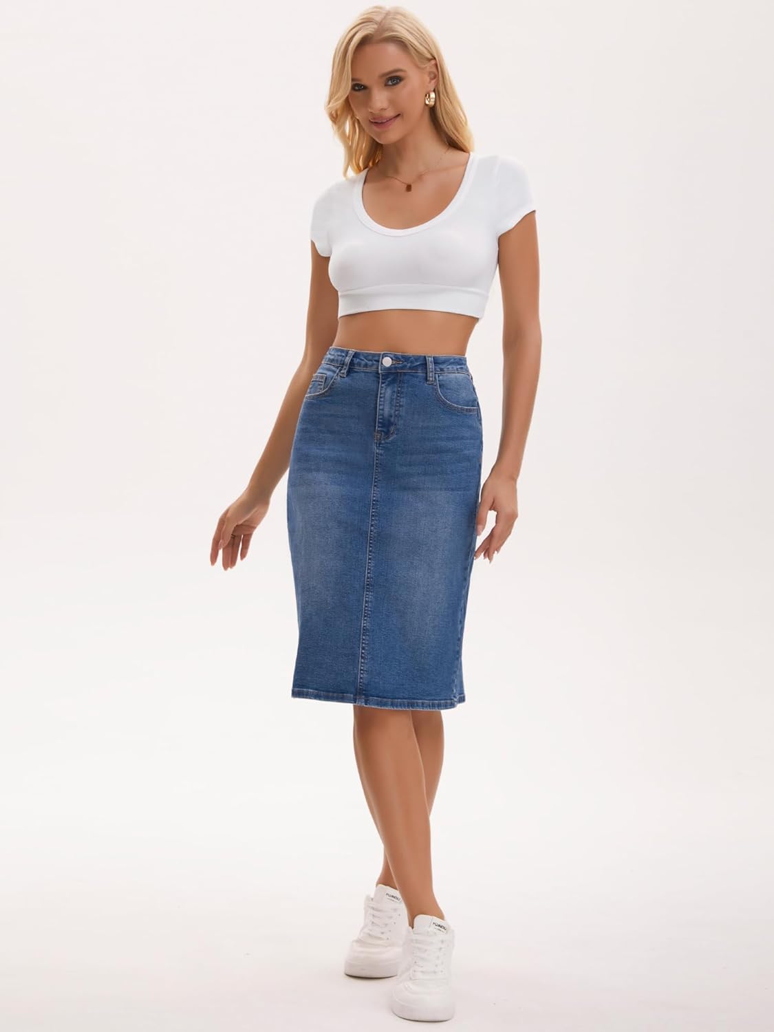 Women's Jean Skirt High Waist Back Slit Stretch Below Knee Length Denim Skirts - Image 6