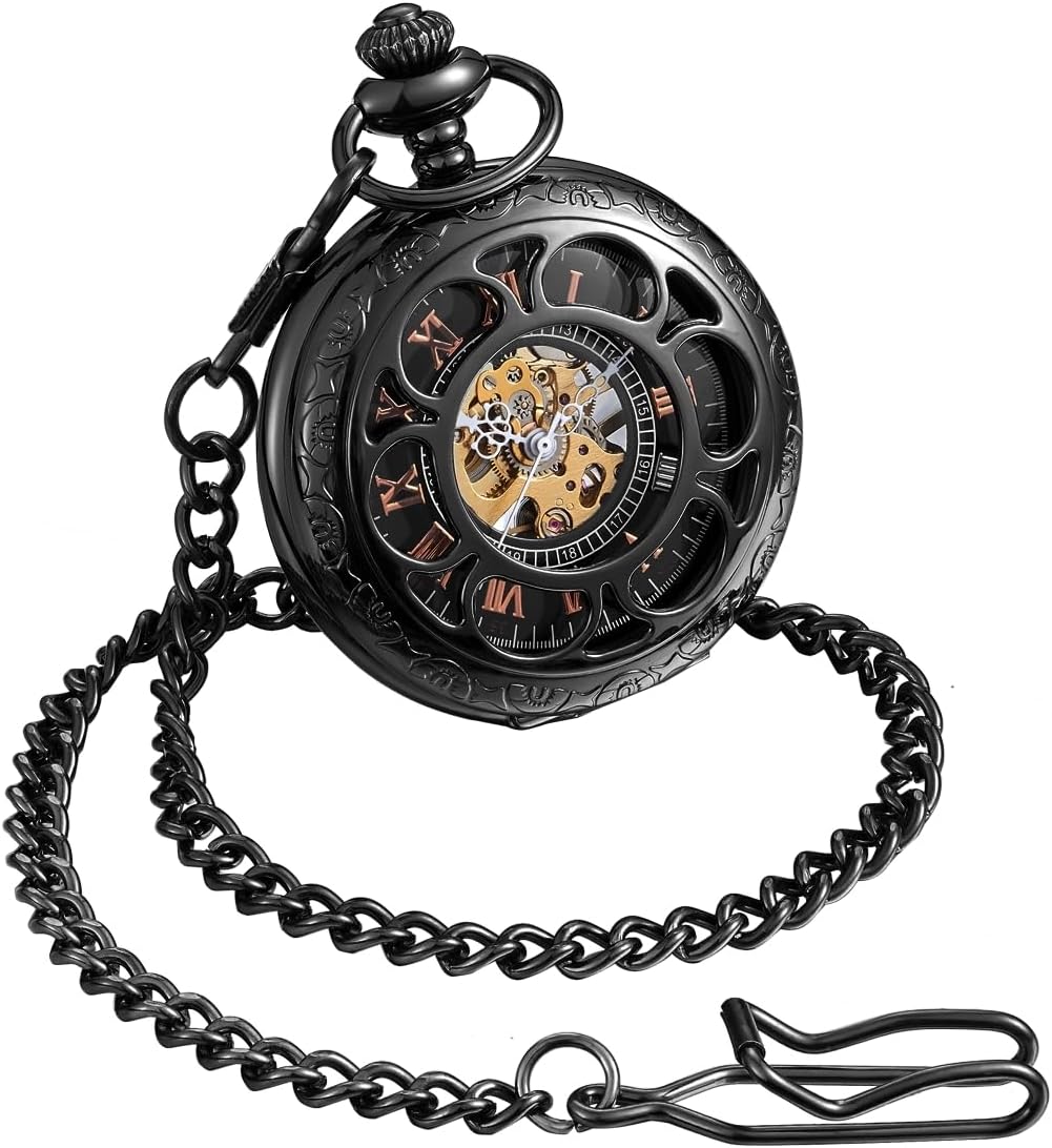 ShoppeWatch Men’s Pocket Watch with Chain | Hand Winding Vintage Pocket Watch | Classic Mechanical Movement Pocketwatch | 1920s Railroad Steampunk Costume Accessory
