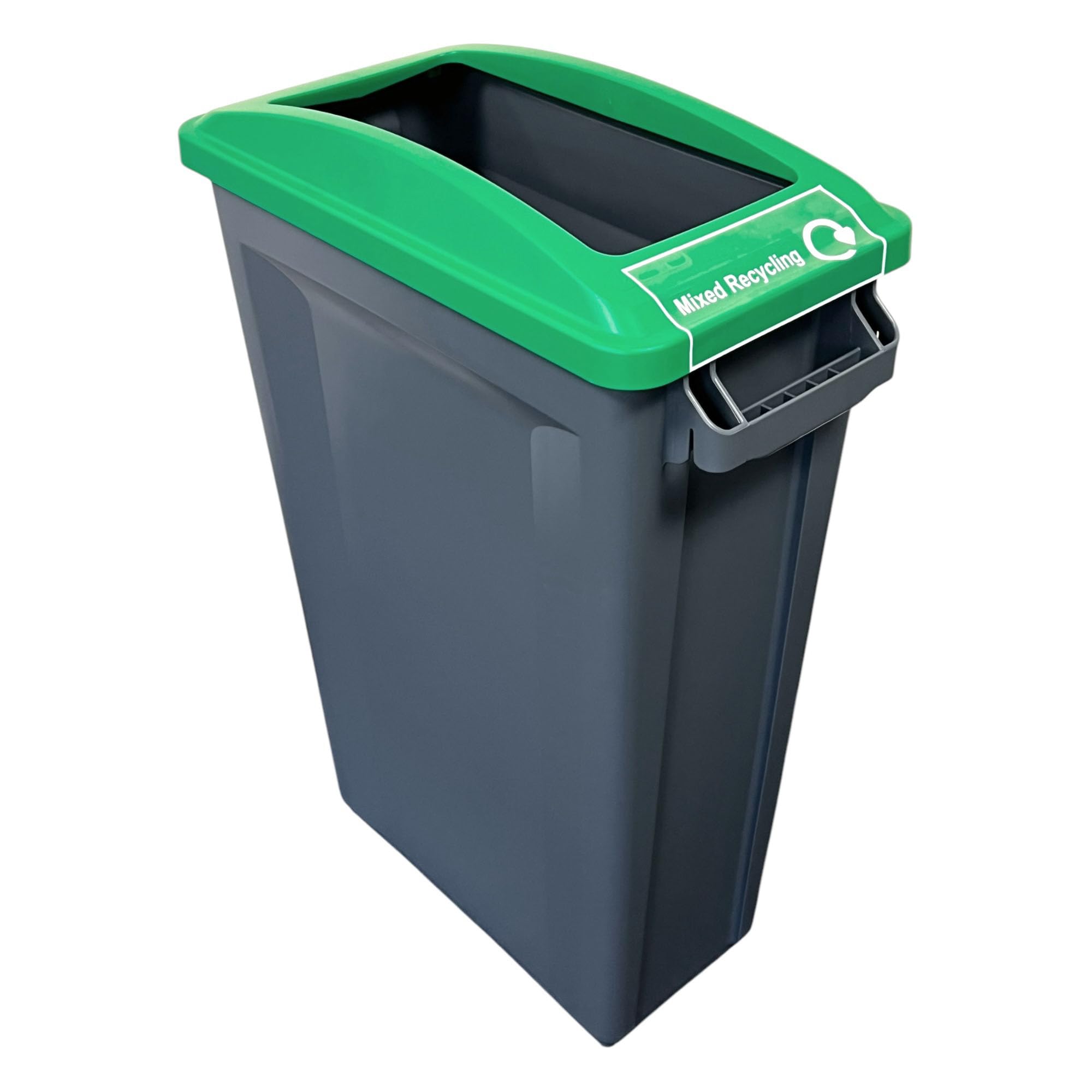 Chabrias Ltd 87L Slim Recycling Bin with Open Green Lid + Glass, Metal & Plastic Sticker - Recycling Waste Container for Office, School & Kitchen - Narrow 87 Litre Commercial Bin & Vented Liner System