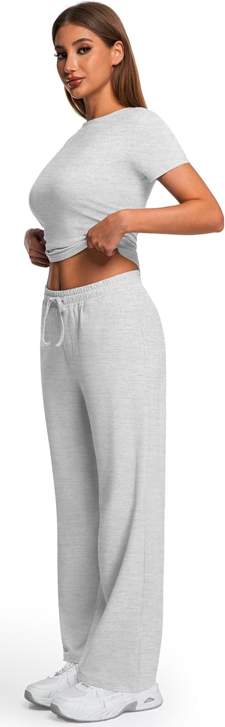Kivdol 2 Piece Matching Summer Sweatsuit Lounge Set Womens Wide Leg Pants Side Ruching Crop Top Sets