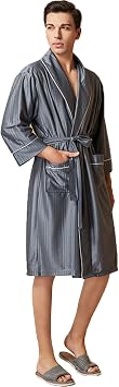 GHYUBYER Bathrobe, Mens, Summer Use, Thin, Mens Luxury Kimono Robe Ice Silk Lightweight Spa Robe, Long Soft Shawl, Hotel Bathrobe, gray light gray