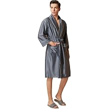 GHYUBYER Bathrobe, Men's, Summer Use, Thin, Men's Luxury Kimono Robe Ice Silk Lightweight Spa Robe, Long Soft Shawl, Hotel Bathrobe, gray light gray