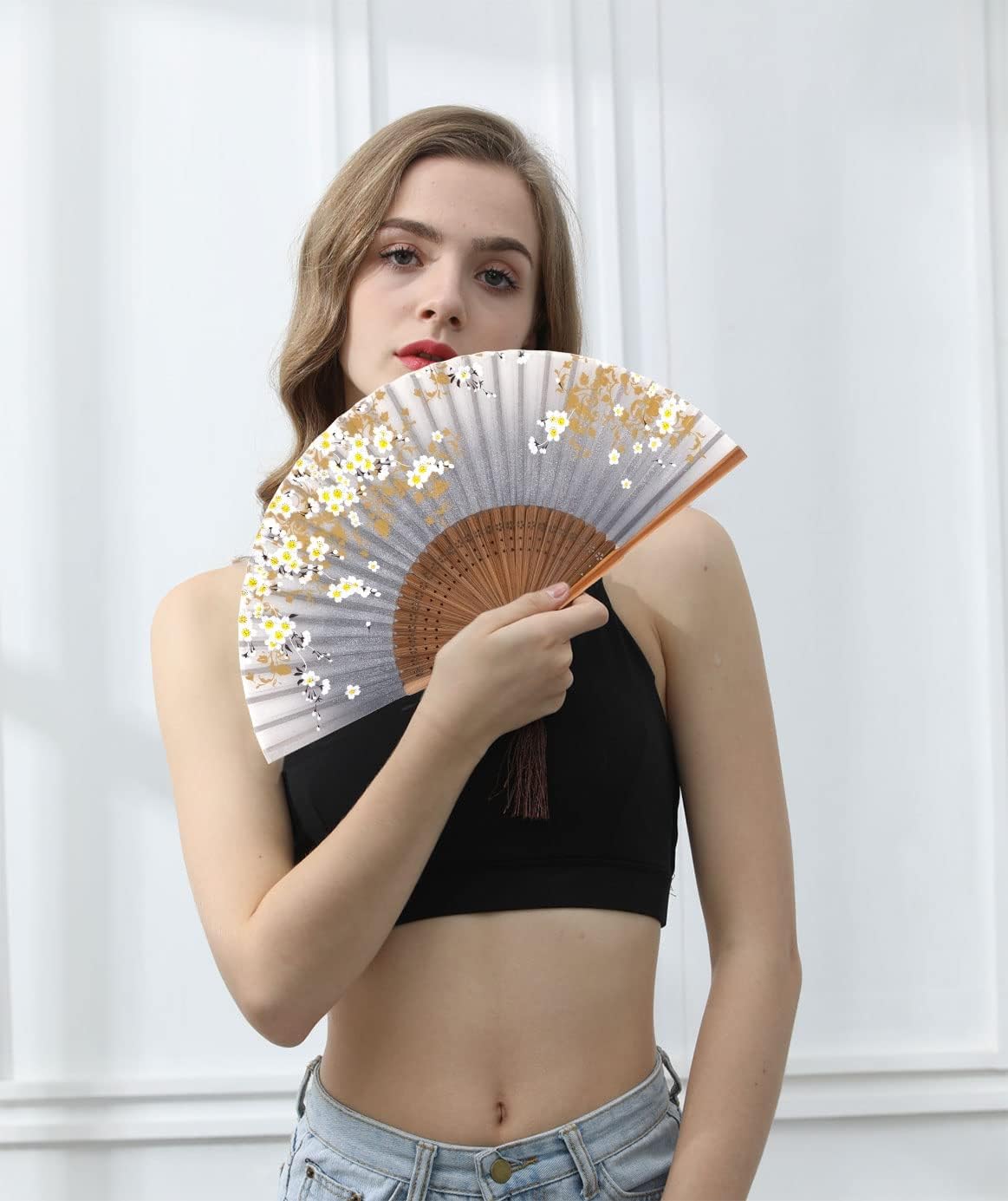 Small Folding Hand Fan for Women foldable, Chinese Japanese Vintage Style Bamboo Silk Fan for Party Wedding Dancing Decoration Gift Performance (AM-13)