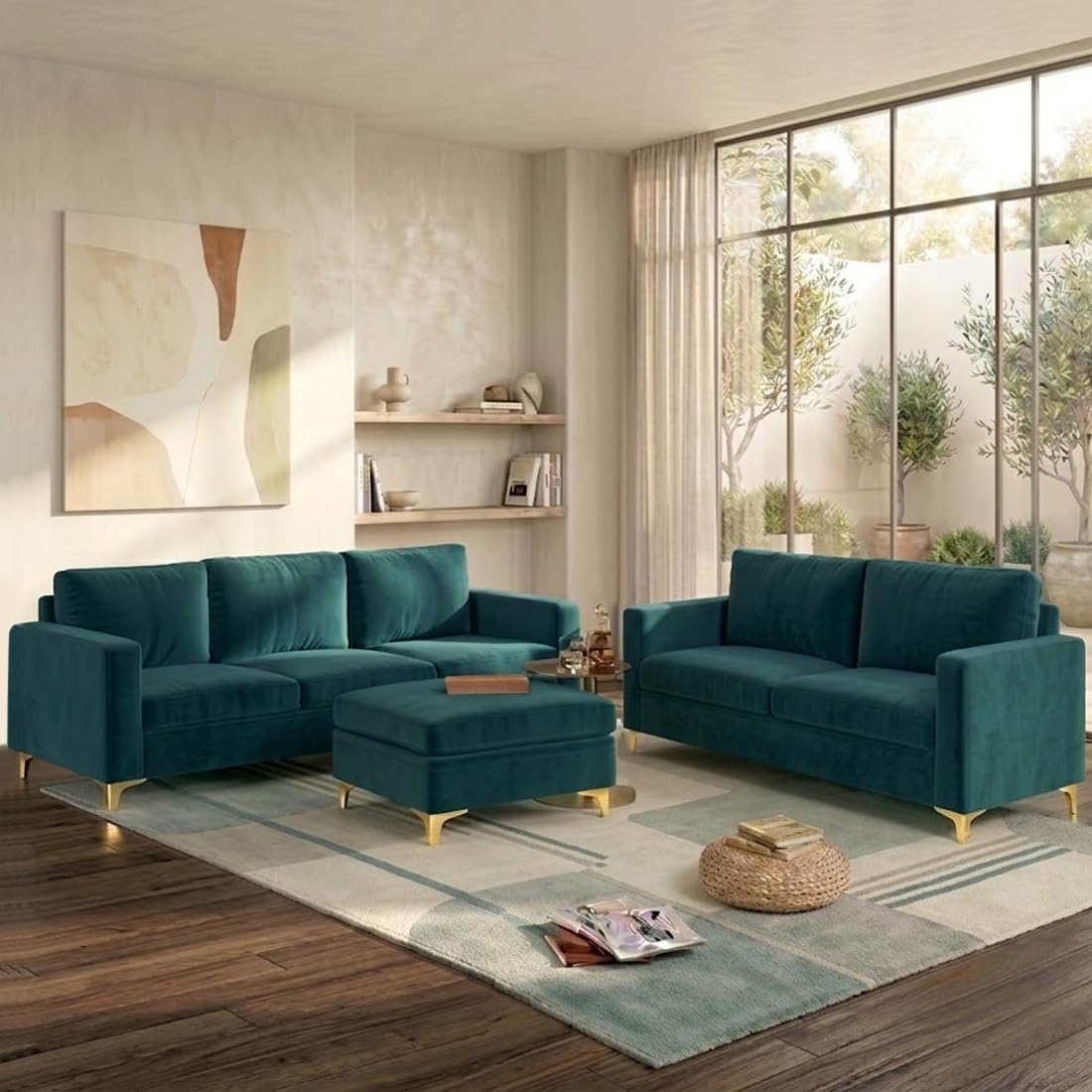 Alvaro Fabulous 3+2 Seater Velvet Fabric Sofa Set with Ottoman, Modern 5 Seater Living Room Furniture for Home & Office - Ocean Green-image-48