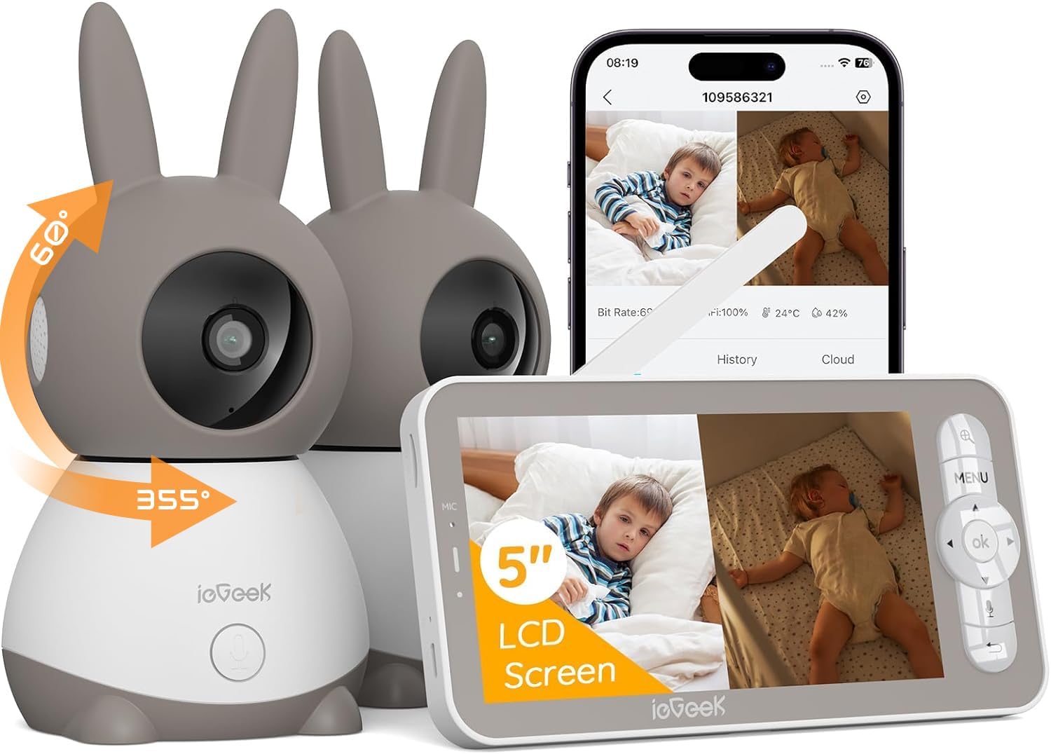 ieGeek 2K Baby Monitor with 2 Cameras, 5 Inch Split Screen WiFi Audio WiFi 2 Way Motion Detection and Scream Detection, Temperature Humidity Sensor, Night Vision