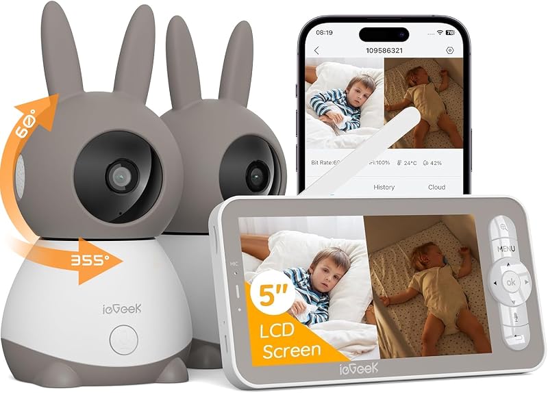 2K Split-Screen Baby Monitor, 5" WiFi 2 Cameras, Night Vision | 5" Display, Audio, Two-Way Talk, Motion & Cry Detection, Temperature & Humidity Sensor, Smartphone App, Dual Cameras