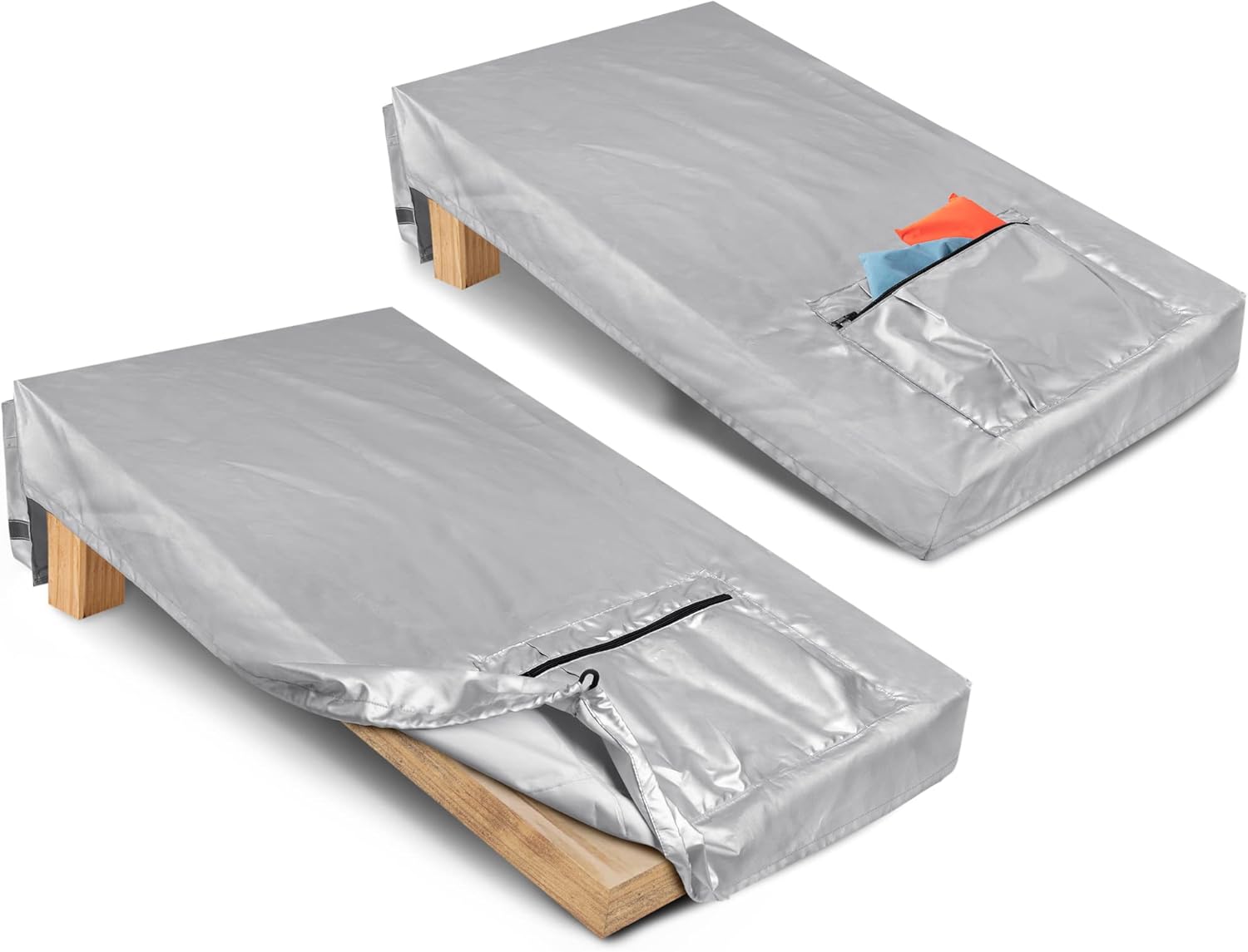 GOBUROS 2 Pieces of Cornhole Cover Fits 4 ft x 2 ft Regulation Size Cornhole Boards, Water-Resistant Nylon Material and Large Bean Bags Pockets for Cornhole Game (‎Silver)