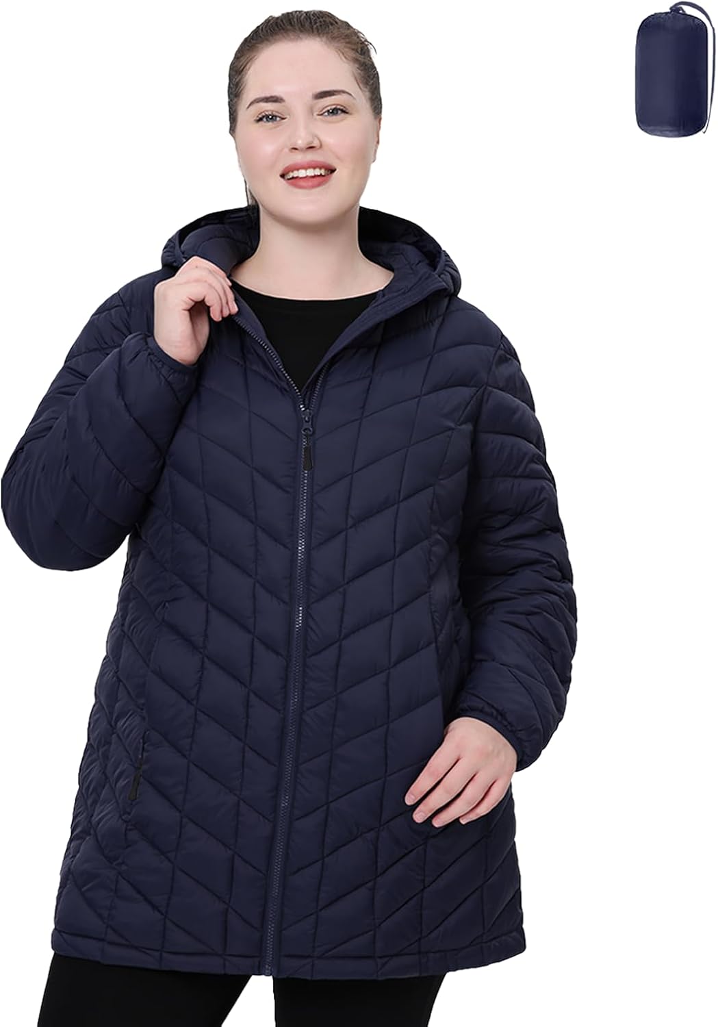 HHE Plus Size Packable Puffer Jacket,Women's 1X-6X Water-Resistant Lightweight Hooded Winter Coat (Exclusively for Plus Size)
