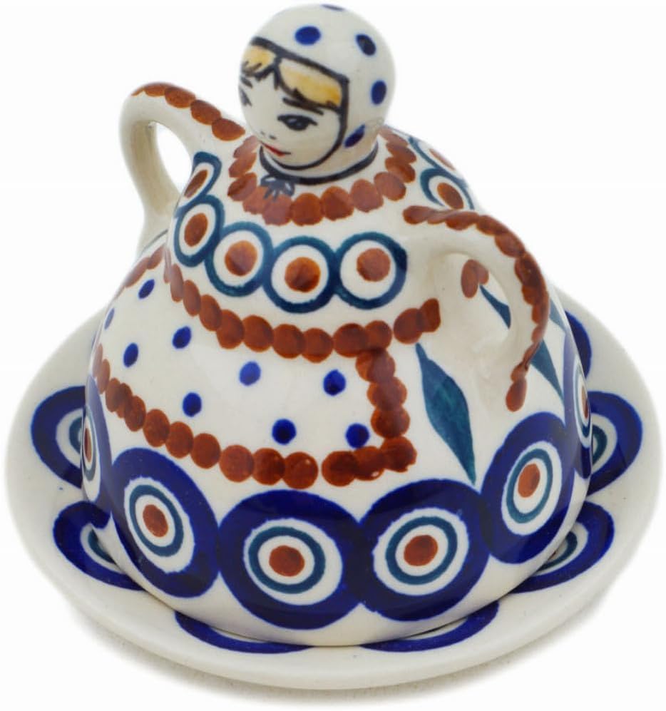 Polmedia Polish Pottery Cheese Lady - Peacock Leaves Pattern Handmade in Boleslawiec Poland + Certificate of Authenticity