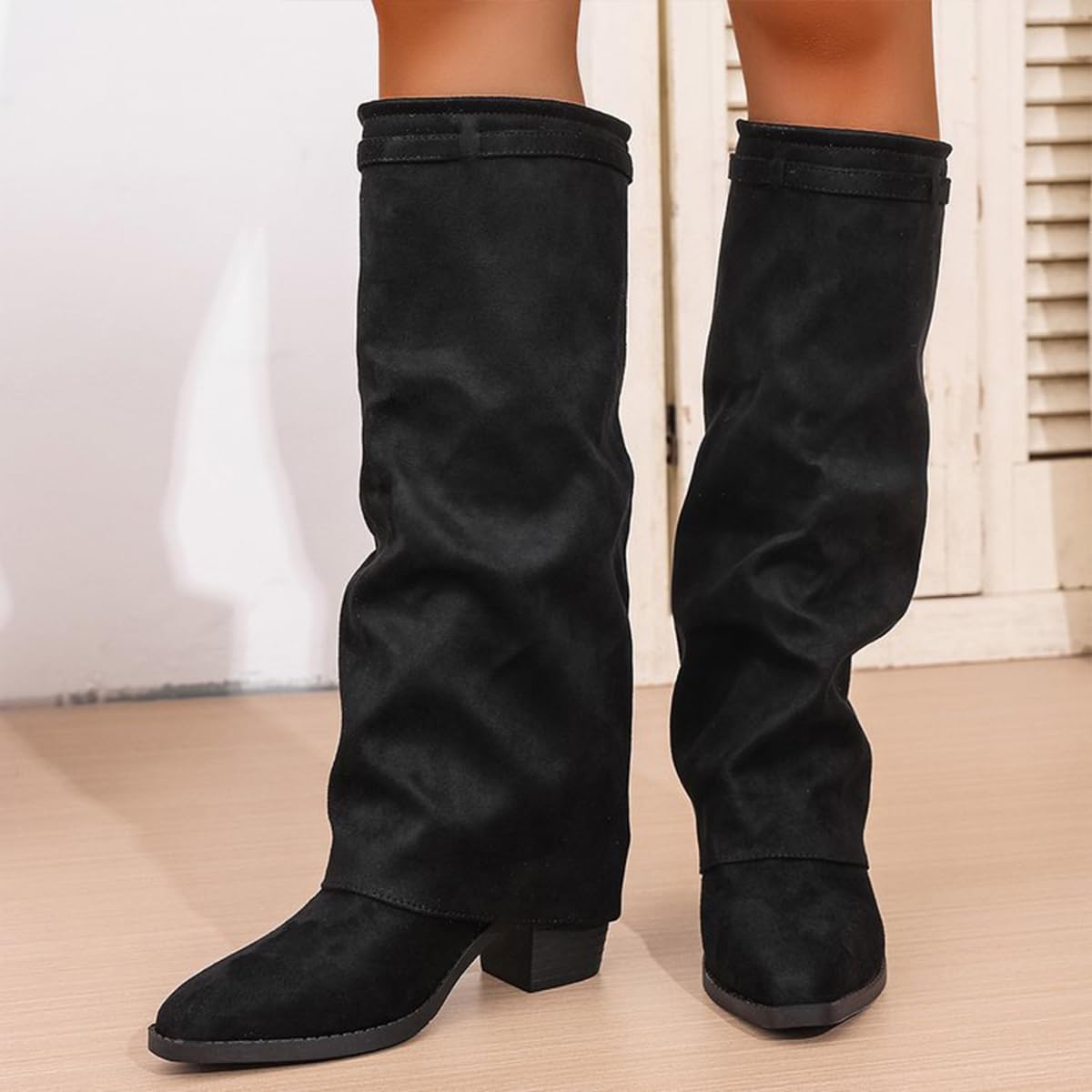 Fold Over Stivali Donna Invernali Cowboy Stivaletti con Tacco
