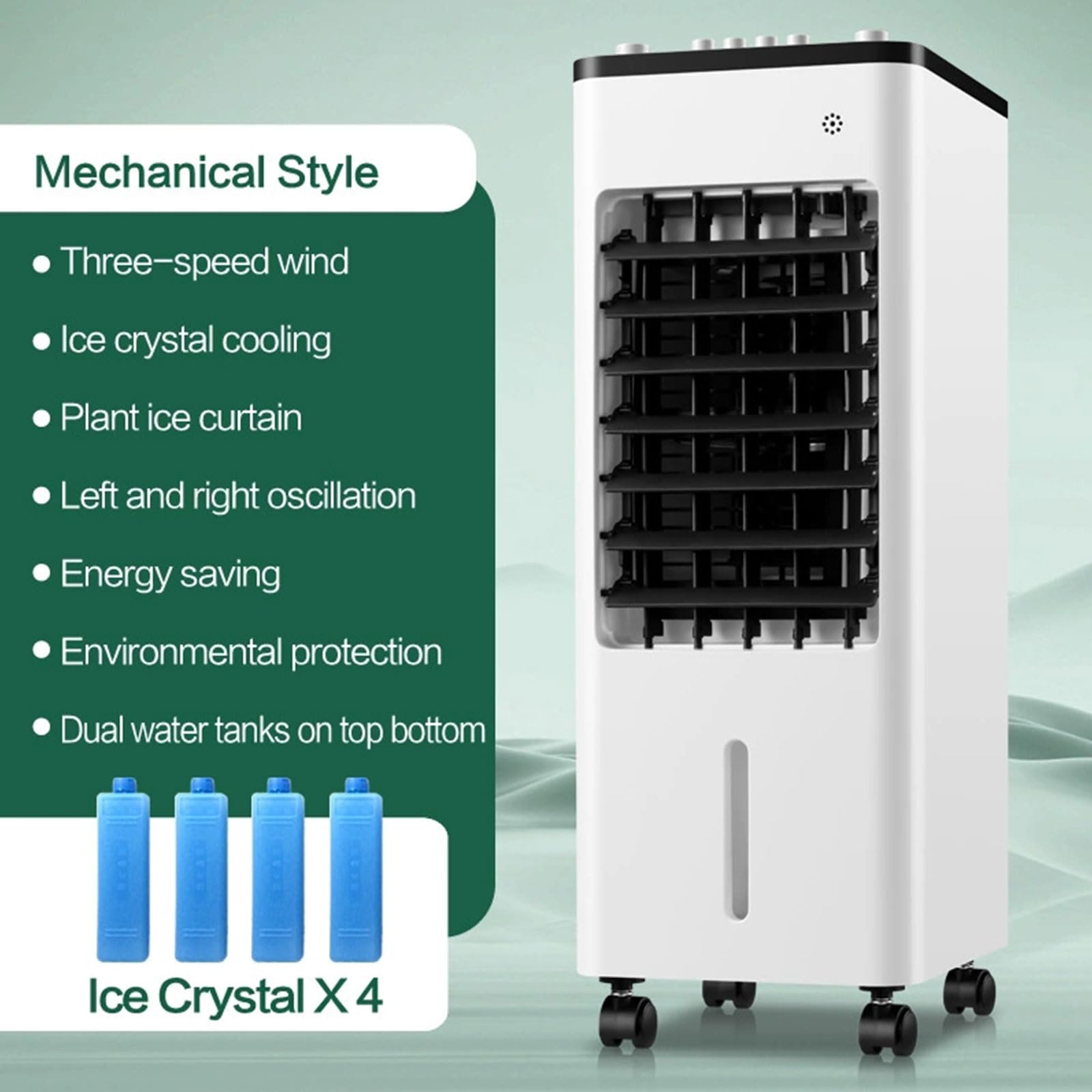 Enfriador de aire portátil, pequeño ventilador de refrigeración con oscilación de 3 velocidades, tanque de agua dual y ruedas de 360° para habitación y oficina