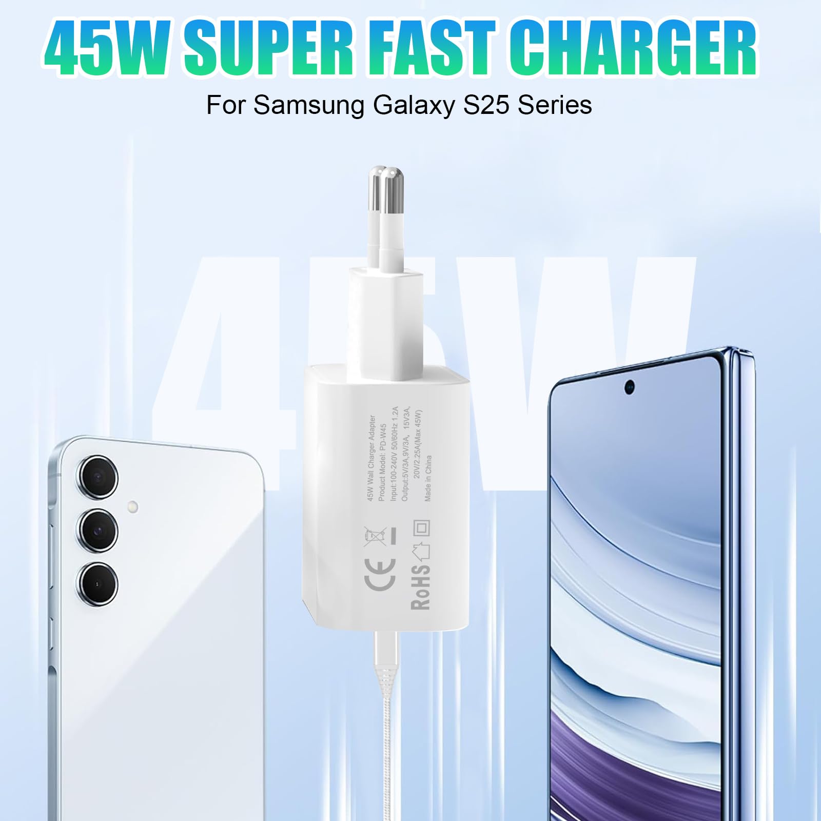 45W Cargador USB C para Samsung Galaxy S25 Ultra/S26 Ultra/S25/S23 Plus/S24 FE/S22+/S21/S20,A56 5G/A55 A54 A36 A26 A16 A35 A25 A15 A17 iPhone 15 16 17 Tipo C Enchufe Adaptador de Pared Carga Rapida — view 2