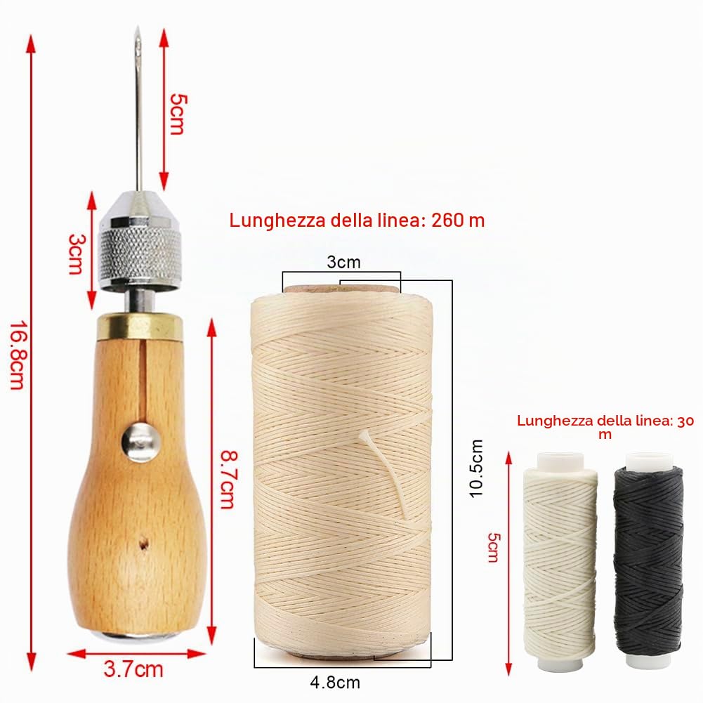 SONGER Professional Speedy Stitcher Sewing Awl Hand Stitcher Repair Tool Kit for Leather And Heavy Fabrics with 2Pcs Needles,1Pcs Coil And 260 Meter 150D 0.8MM Flat Sewing Waxed String(Beige)