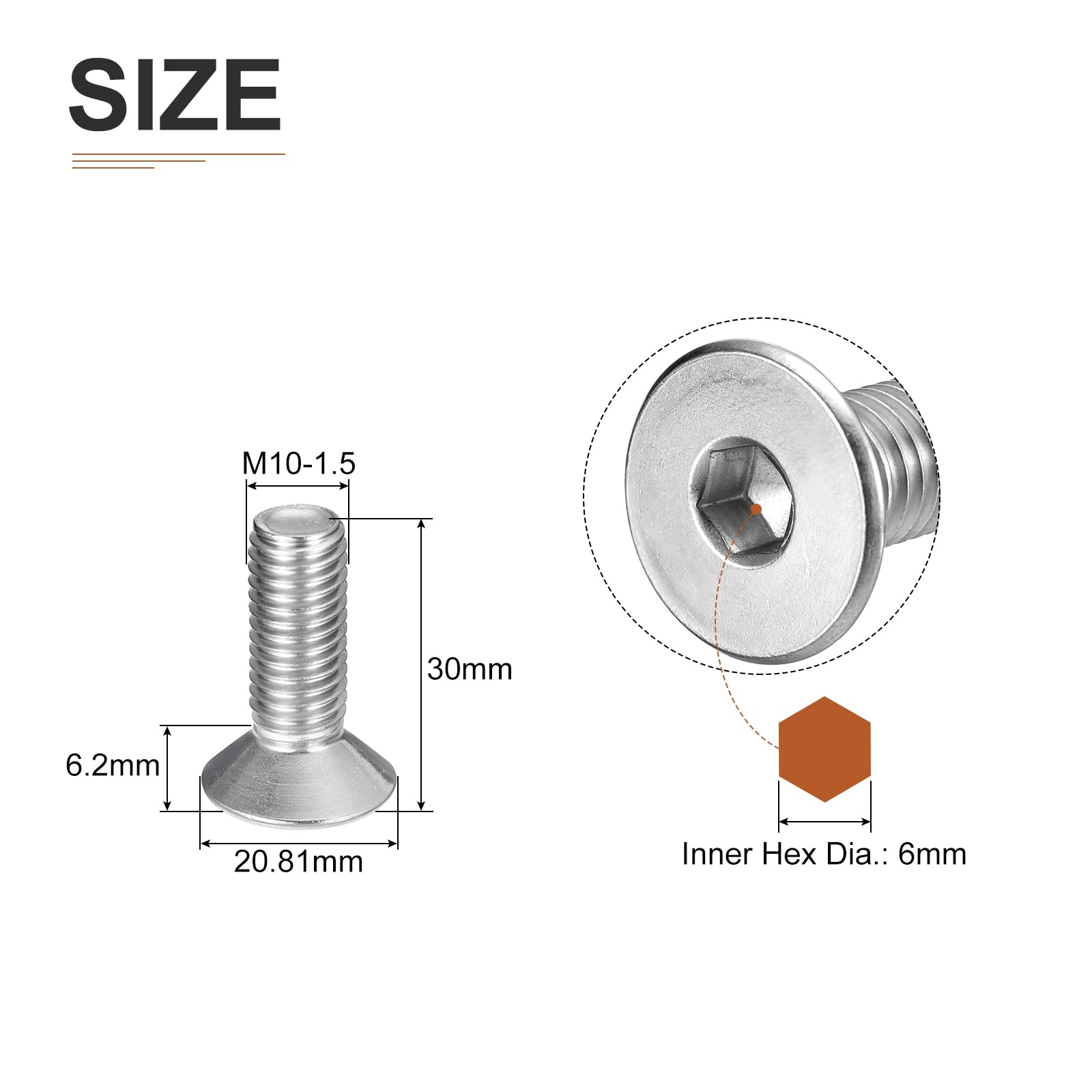 DTGN M10-1.5 x 30mm Flat Head Socket Cap Screws, 10 Pack 304 Stainless Steel Hex Socket Flat Head Screws, Full Thread - Image 2
