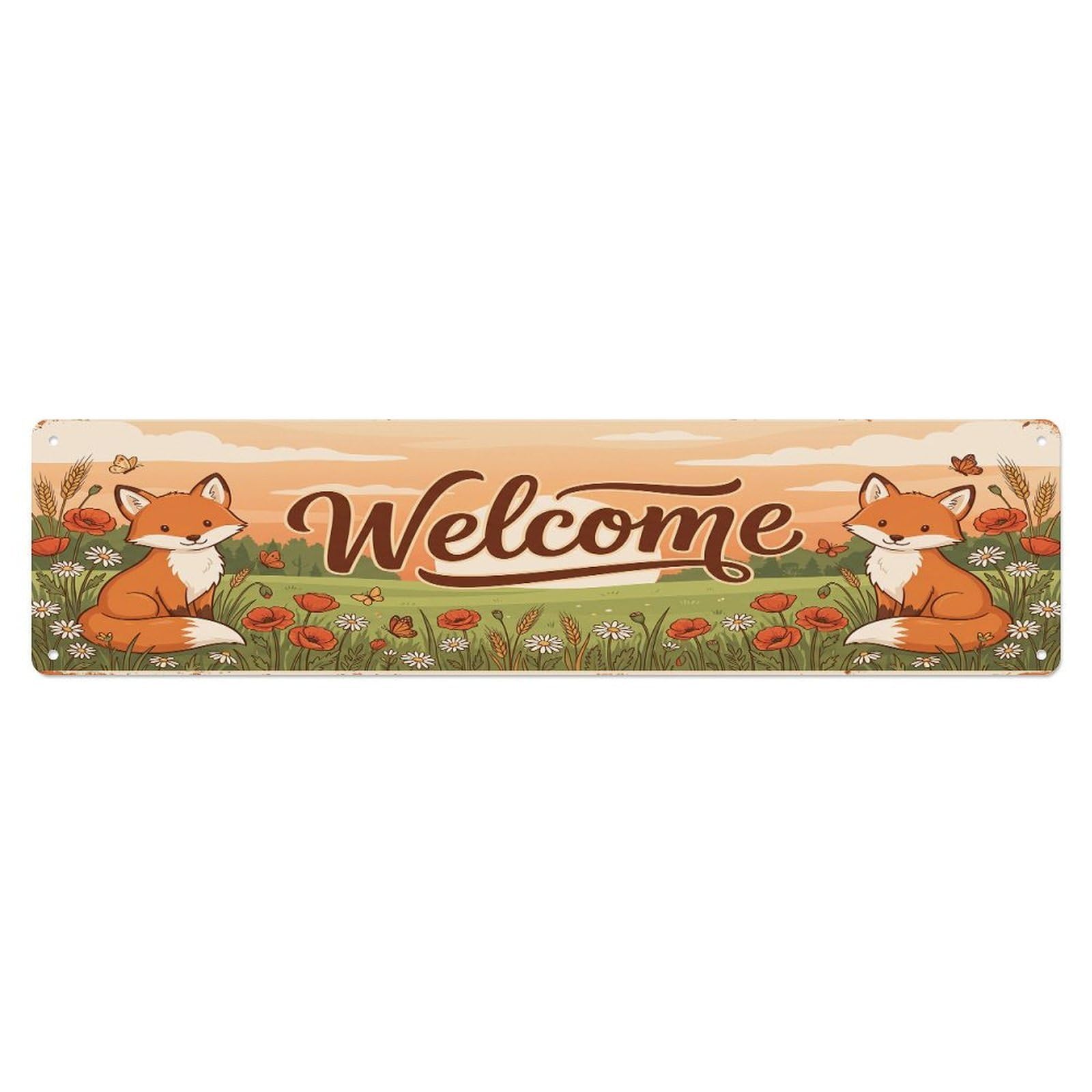 Olhnbad 4X16inch(10X40cm) Vintage Welcome Fox Flower Metal Tin Sign