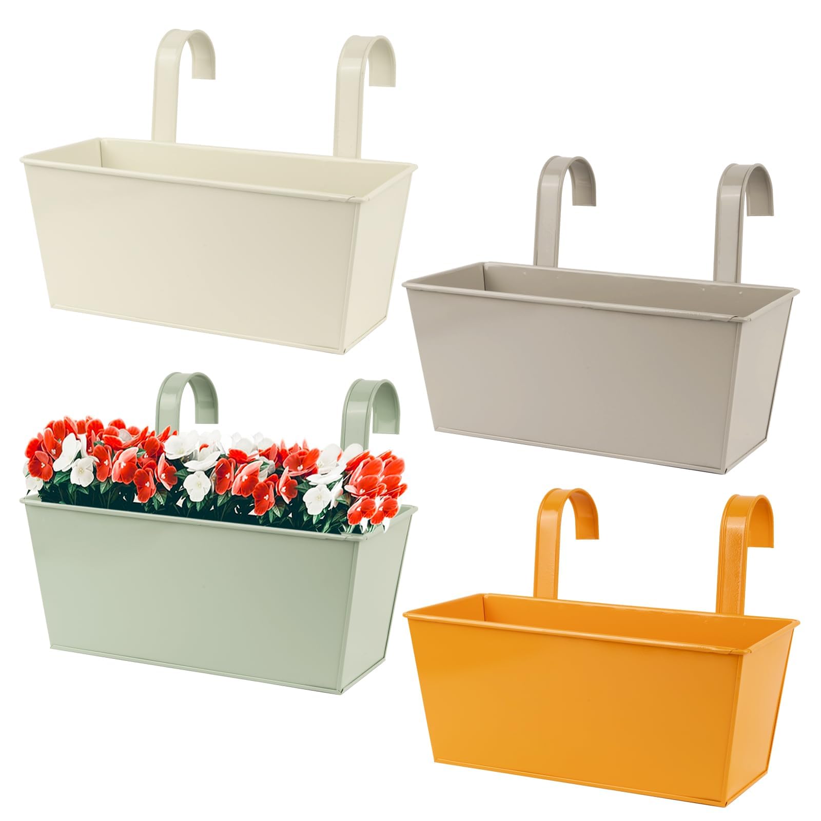 4pcs Macetas Metal Colgantes con Soporte Extraíble Cubo Macetero Plantador con Gancho Doble Hay Orificios de Drenaje Decoración Exterior Balcón Jardín Patio Pared Terraza para Flores y Plantas