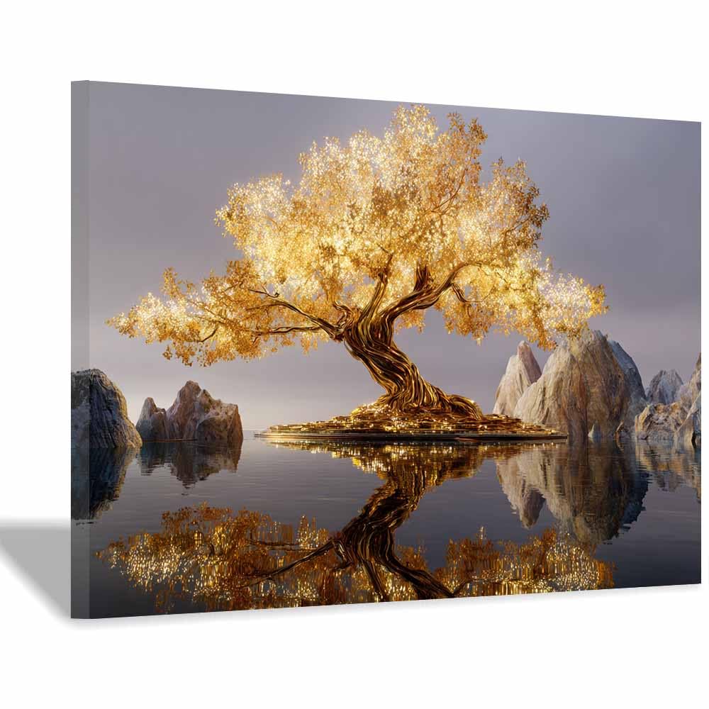 ZAMAEIU Tree of life wall art Floating-Gold Tree abstract canvas wall, For Bathroom, Living Room, Bedroom, Office.Gift for Home Decor(golden)-50x70cm Framed