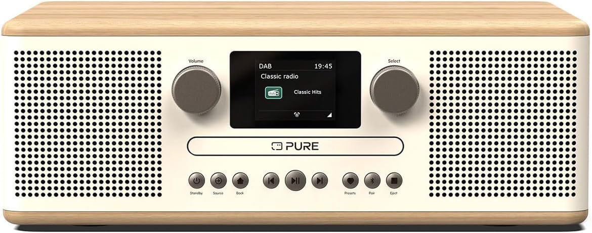 Davant view of the Pure Classic C-D6 Music System in cotton white with oak wood top and sides, showing the central display, control knobs, and buttons.
